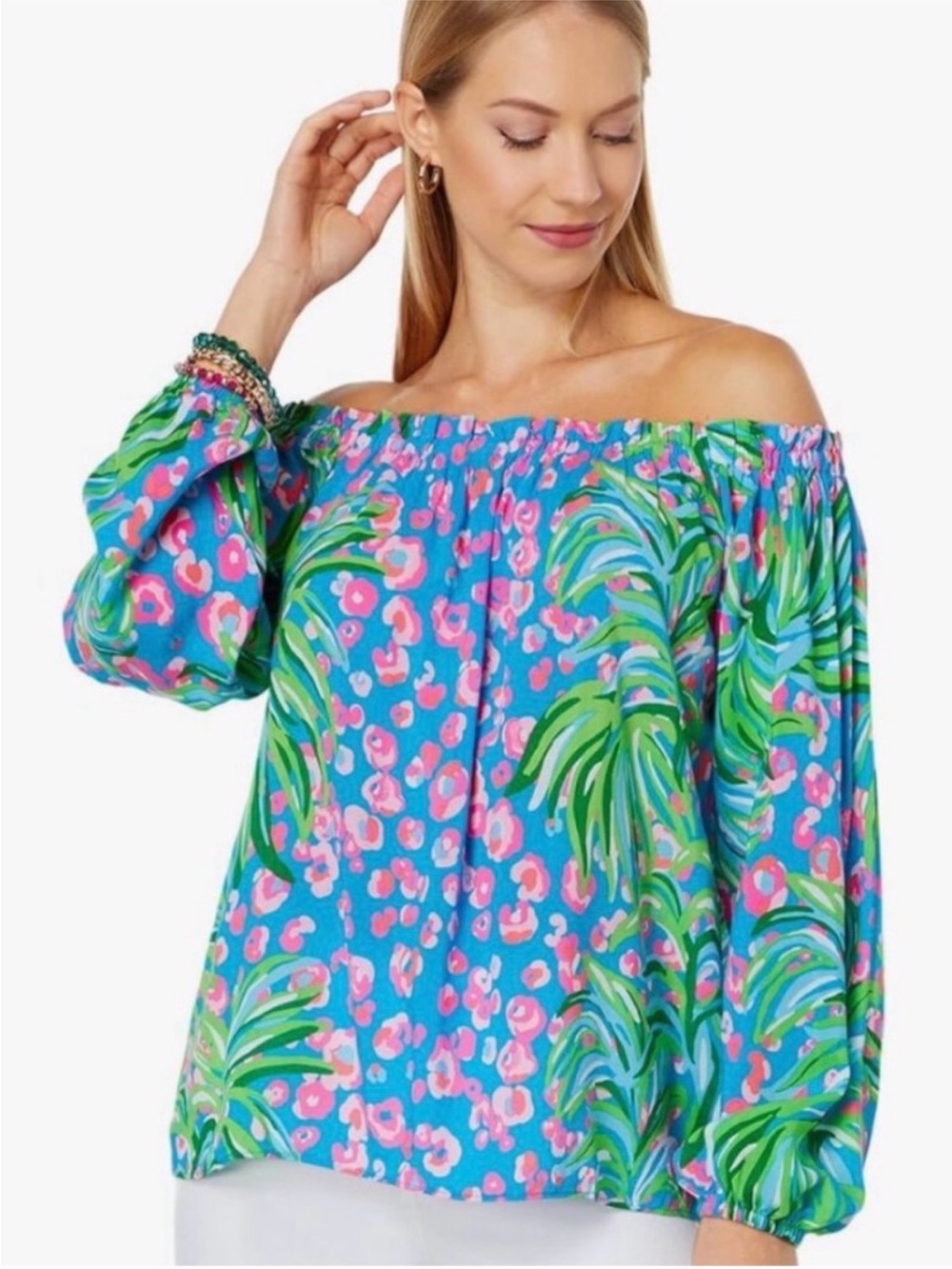 Lilly Pulitzer Blakey Off The Shoulder Top L Large Ruffle Tropical Botanical